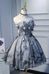 Party Dress Style Shop, Gray Lace Strapless Short Prom Dress, A-Line Sweetheart Neckline Party Dress
