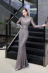 Bridesmaid Dress Dusty Blue, Gray Long Sleeve Mermaid Prom Dresses With Sequins High-Neck Prom Dresses