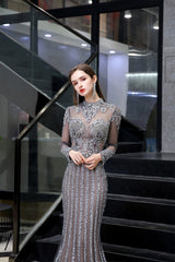 Simple Wedding Dress, Gray Long Sleeve Mermaid Prom Dresses With Sequins High-Neck Prom Dresses