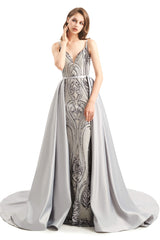 Bridesmaid Dresses Custom, Mermaid Sequins Spaghetti Straps Prom Dresses With Detachable Train