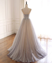 Formal Dress Long Gowns, Gray Purple Round Neck Tulle Long Prom Dress, A line Formal Graduation Dress