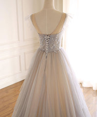 Formal Dresses Long Gowns, Gray Purple Round Neck Tulle Long Prom Dress, A line Formal Graduation Dress