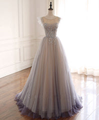 Formal Dressed Long Gowns, Gray Purple Round Neck Tulle Long Prom Dress, A line Formal Graduation Dress