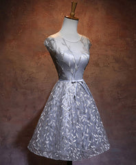Spring Dress, Gray Round Neck Lace Short Prom Dress,Cute Homecoming Dress