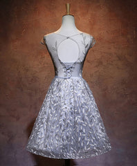 Simple Dress, Gray Round Neck Lace Short Prom Dress,Cute Homecoming Dress