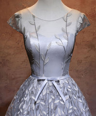 White Prom Dress, Gray Round Neck Lace Short Prom Dress,Cute Homecoming Dress