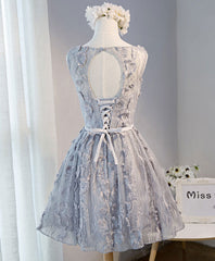 Debutant Dress, Gray Round Neck Lace Short Prom Dress, Cute Lace Homecoming Dress