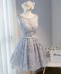 Royal Dress, Gray Round Neck Lace Short Prom Dress, Cute Lace Homecoming Dress