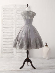 Bridesmaid Dress Affordable, Gray Round Neck Lace Short Prom Dress Gray Bridesmaid Dress