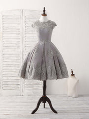 Bridesmaid Dresses Burgundy, Gray Round Neck Lace Short Prom Dress Gray Bridesmaid Dress