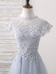 Prom Dress Colorful, Gray Round Neck Lace Tulle Long Prom Dress, Gray Evening Dress