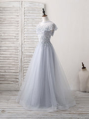 Prom Dress 2026, Gray Round Neck Lace Tulle Long Prom Dress, Gray Evening Dress
