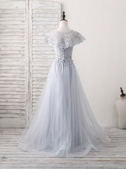 Prom Dresses 2026, Gray Round Neck Lace Tulle Long Prom Dress, Gray Evening Dress