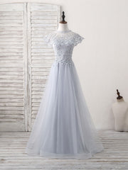 Prom Dresses Colors, Gray Round Neck Lace Tulle Long Prom Dress, Gray Evening Dress
