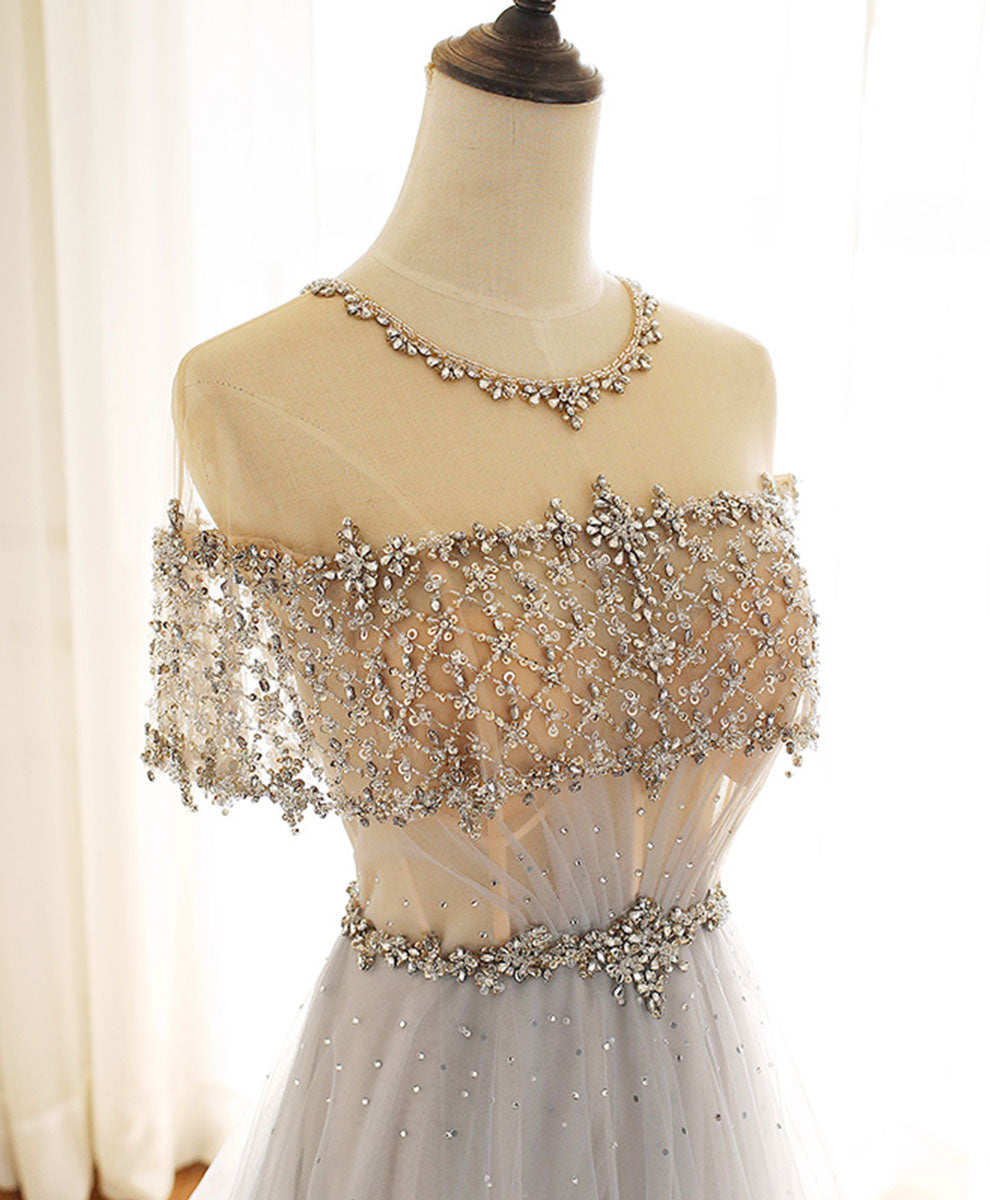 Evening Dresses Prom, Gray Round Neck Tulle Beads Long Prom Dress Forma Graduation Dresses