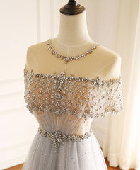 Evening Dresses And Gowns, Gray Round Neck Tulle Beads Long Prom Dress Forma Graduation Dresses