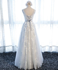 Formal Dress Shop, Gray Round Neck Tulle Lace Applique Long Prom Dress