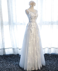 Formal Dress Shops, Gray Round Neck Tulle Lace Applique Long Prom Dress