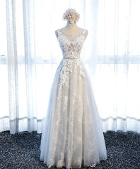 Formal Dress On Sale, Gray Round Neck Tulle Lace Applique Long Prom Dress