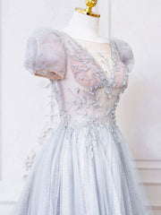 Homecoming, Gray Round Neck Tulle Lace Long Prom Dress, Gray Tulle Evening Dress