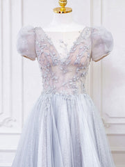 Formal Dress Short, Gray Round Neck Tulle Lace Long Prom Dress, Gray Tulle Evening Dress