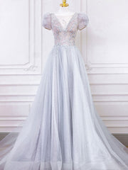 Cute Summer Dress, Gray Round Neck Tulle Lace Long Prom Dress, Gray Tulle Evening Dress