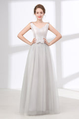 Party Dress For Girls, Gray Silver V Neck Tulle Prom Dresses