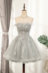 Prom Dresses With Shorts Underneath, Gray Strapless Tulle Short Prom Dress with Sequins, Cute A-Line Party Dress