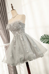 Prom Dress Chiffon, Gray Strapless Tulle Short Prom Dress with Sequins, Cute A-Line Party Dress