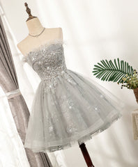 Evenning Dresses Short, Gray Sweetheart Lace Tulle Short Prom Dress Gray Homecoming Dress