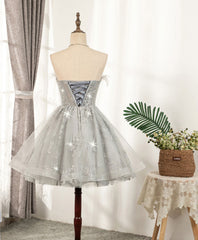 Evening Dresses Ball Gown, Gray Sweetheart Lace Tulle Short Prom Dress Gray Homecoming Dress