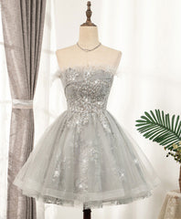 Evening Dresses Lace, Gray Sweetheart Lace Tulle Short Prom Dress Gray Homecoming Dress