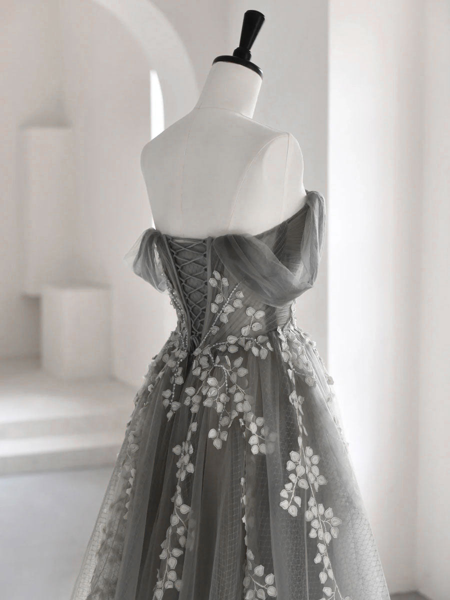 Party Dress Shopping, Gray Sweetheart Neck A line Lace Long Prom Dress, Gray Formal Dress