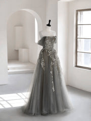 Party Dresses Outfit, Gray Sweetheart Neck A line Lace Long Prom Dress, Gray Formal Dress