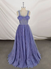 Black Tie Dress, Gray Sweetheart Neck Tulle Lace Long Prom Dress Blue Formal Dress