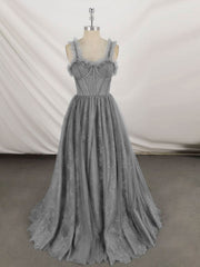 Classy Outfit Women, Gray Sweetheart Neck Tulle Lace Long Prom Dress Blue Formal Dress