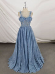 Dress Prom, Gray Sweetheart Neck Tulle Lace Long Prom Dress Blue Formal Dress