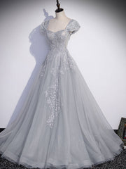Party Dress Set, Gray Sweetheart Neck Tulle Lace Long Prom Dress, Gray Evening Dress
