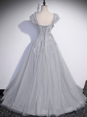 Party Dress Boho, Gray Sweetheart Neck Tulle Lace Long Prom Dress, Gray Evening Dress