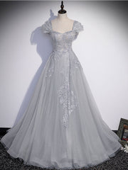 Party Dresses Long Sleeved, Gray Sweetheart Neck Tulle Lace Long Prom Dress, Gray Evening Dress