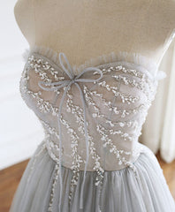 Homecoming Dresses Idea, Gray Sweetheart Tulle Beads Long Prom Dress Gray Tulle Formal Dress