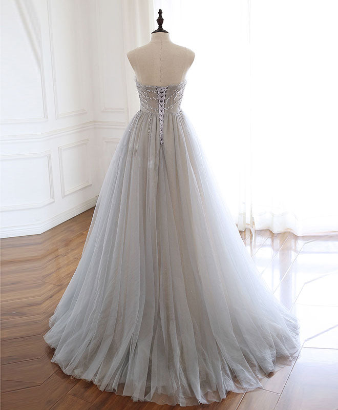 Homecoming Dress Ideas, Gray Sweetheart Tulle Beads Long Prom Dress Gray Tulle Formal Dress