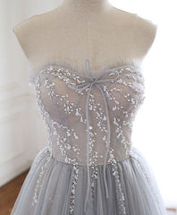 Homecoming Dress Idea, Gray Sweetheart Tulle Beads Long Prom Dress Gray Tulle Formal Dress