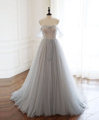 Homecoming Dresses Ideas, Gray Sweetheart Tulle Beads Long Prom Dress Gray Tulle Formal Dress