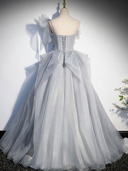 Party Dresses With Sleeves, Gray Sweetheart Tulle Long Prom Dress, Gray Evening Dress