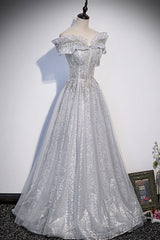 Prom Dresses 2024, Gray Tulle Beaded Long A-Line Prom Dress, Cute Evening Party Dress