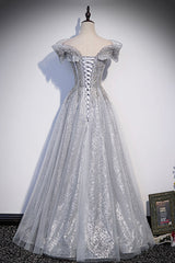 Prom Dresses Beautiful, Gray Tulle Beaded Long A-Line Prom Dress, Cute Evening Party Dress