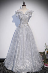 Prom Dress 2024, Gray Tulle Beaded Long A-Line Prom Dress, Cute Evening Party Dress