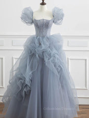Formal Dress Shopping, Gray tulle beads long prom dress, gray tulle formal dress