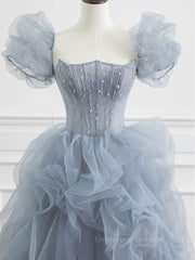 Formal Dress For Sale, Gray tulle beads long prom dress, gray tulle formal dress